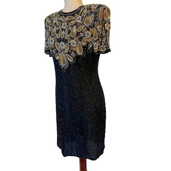 Laurence Kazar Vintage 80s Heavily Beaded Silk Cocktail Dress MP - Picture 4 of 16